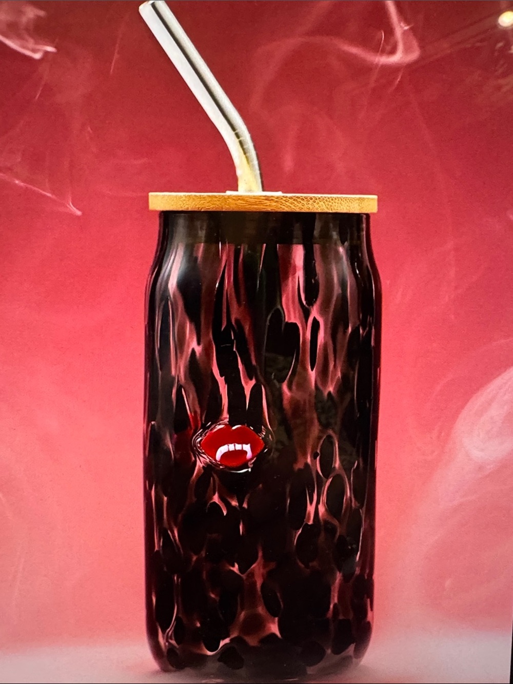 Anthropologie Black & Red Glass Tumbler with Bamboo Lid and Metal Straw